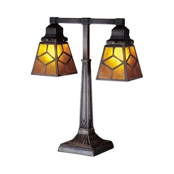 A handsome mission style shade with Diamond pattern; glows with Amber Mica panels created in the same method of combining translucent mica with shellac utilized by Dirk Van Erp in 1910. This mission style two light desk lamp; with Mahogany Bronze hand finished metal; will warm your home with the radiant Amber panels.