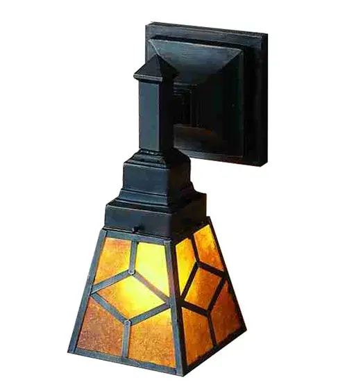 A handsome mission style shade with Diamond pattern; glows with Amber Mica panels created in the same method of combining translucent mica with shellac utilized by Dirk Van Erp in 1910. This mission style wall sconce; with Mahogany Bronze hand finished metal; will warm your home with the radiant Amber panels.