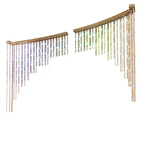 Over four dozen Starburst Brass finished cylinders are designed with state-of-the-art RGB LED technology to maximize your color-changing capabilities. The enormous showering pendant includes two metal frames to create a magnificent modern work of art as a storefront entry. Integral LEDs offer high-quality illumination; energy savings; and minimal maintenance. The fixture is ideal for illuminating reception areas; entryways; stairways; and other large spaces in hospitality and commercial settings. The Barra de luzis is included in our American-made; American-designed; handcrafted Modern Lighting Collection. UL and cUL listed for dry and damp locations. Custom Made. Call for lead time and pricing. The fixture was designed by JGA of Southfield; Michigan; and featured in Tapper's Jewelry Store in Troy; Michigan. The pendant was sold through Tarrant Lighting. - alternate view
