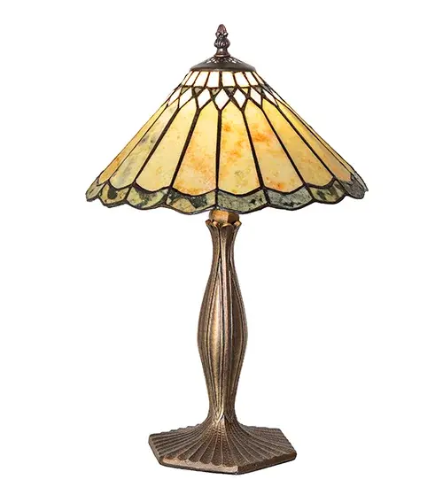 Thinly carved and polished natural Jadestone in earthy Moss Green; Tan; and Coral tones become luminescent in this charming scalloped-edged shade. The stone shade is crafted with the famous Meyda Tiffany copperfoil technique used to create stained glass shades and complemented with an elegant cast metal base in a warm Mahogany Bronze finish. The Carousel Jadestone Accent Lamp is featured in our American-designed; handcrafted Jadestone Lighting Collection. It is UL and cUL listed for dry locations. Each shade is a unique work of art with color variations based on natural ingredients inherent in the Jadestone. - alternate view