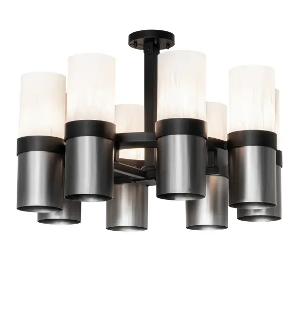 Designed with clean; sophisticated styling. This striking lighting centerpiece will enhance both formal and casual interiors. Eight Angelwing Idalight Cylindre elements illuminate and embrace the round cross-hatch architectural frame. The fixture is enhanced with stunning Solar Black and Industrial Steel finishes. The fixture is ideal for illuminating hallways; dining rooms; and living spaces in residential; hospitality; and commercial spaces. The Farmington 8 Light Chandelier is included in our American-made; American-designed; handcrafted Modern Lighting Collection; which is manufactured in Yorkville; New York. The fixture is UL and cUL listed for dry and damp locations.