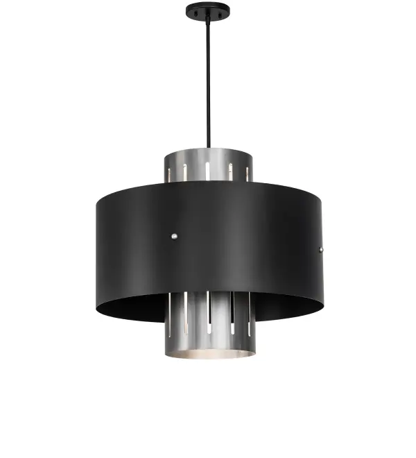 This stunning ceiling pendant offers a curvaceous profile that integrates a modern look with an industrial style. The fixture features a stunning Solar Black-finished outer shade surrounding an Industrial Steel-finished cylinder. The ceiling fixture can illuminate dining areas and entryways in homes; as well as lounges and restaurants. The Cilindro Pendant is included in our American-made; American-designed; handcrafted Modern Lighting Collection and manufactured in Yorkville; NY. The fixture is UL and cUL listed for dry and damp locations.