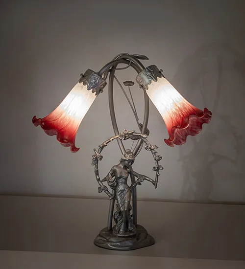 16" High Pink/White Tiffany Pond Lily 2 Light Trellis Girl Accent Lamp