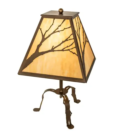 A branch accented linear square shade sits above a simple branched lamp base. The nature inspired table lamp has an Antique Copper finish; Beige art glass panels and is handcrafted in the USA by Meyda artisans. - alternate view