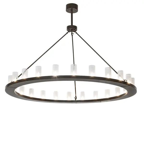 Blending an elegant style with a classic, distinguished look... The massive Loxley chandelier is custom-crafted with 24 Clear Seeded Glass Cylindre elements and enhanced with a Timeless Bronze finish. This luxurious custom fixture is ideal for illuminating dining tables, entryways, and other residential, hospitality, and commercial spaces. The Loxley Chandelier is included in our American-made, American-designed, handcrafted Transitional Lighting Collection. This fixture is manufactured in Yorkville, New York. UL and cUL listed for dry and damp locations. Collection: Loxley Finish: Timeless Bronze Glass: Clear Seeded Glass Width: 72.00" Height: 52.00" Length: 72.00" Weight: 96.00 lb Number of Bulbs: 24 Maximum Wattage: 40.00 W Bulb Type: B11 Bulb Base: E26 Light Source: LED Material: Steel Country of Origin: USA Safety Rating: Damp LED
