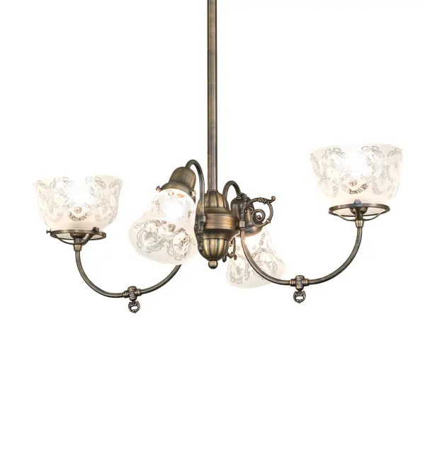 Reminiscent of lighting fixtures from the early 1900s. This timeless chandelier is a staple amongst early electric reproduction luminaires. The Revival ceiling fixture features four Clear Etched Glass blown glass shades with an elegant Wreath and Garland motif. It is an authentic historic look to complement any room or space. Authentic decorative accents and hardware details in Solid Antique Brass make this piece a timeless treasure. Perfect for illuminating kitchen and dining areas in residential and hospitality locations. The Revival Gas & Electric 4 Light Chandelier is included in our American-designed; handcrafted Revival Lighting Collection. UL and cUL listed for dry and damp locations.