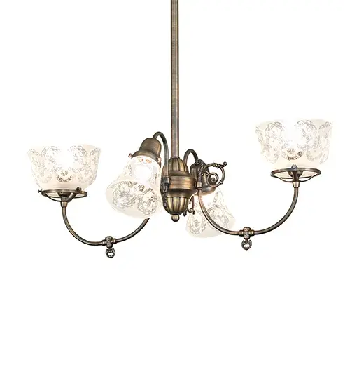 Reminiscent of lighting fixtures from the early 1900s. This timeless chandelier is a staple amongst early electric reproduction luminaires. The Revival ceiling fixture features four Clear Etched Glass blown glass shades with an elegant Wreath and Garland motif. It is an authentic historic look to complement any room or space. Authentic decorative accents and hardware details in Solid Antique Brass make this piece a timeless treasure. Perfect for illuminating kitchen and dining areas in residential and hospitality locations. The Revival Gas & Electric 4 Light Chandelier is included in our American-designed; handcrafted Revival Lighting Collection. UL and cUL listed for dry and damp locations. - alternate view