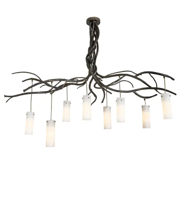 As if swaying in the frosty winter wind, this Winter Solstice fixture breathes life into a Pine branch-style metal design, accentuated with beautiful ambient lighting Eight Angelwing Idalight shades become luminescent as they are embraced by a metal frame featured in a Dark Burnished Antique Copper finish This massive oblong chandelier perfectly complements any residential or commercial environment, especially over kitchen islands, counters, tables, and bars. The Winter Solstice Cilindro 8 Light Oblong Chandelier is included in our American-made, American-designed, handcrafted Nature Inspired Collection and manufactured in Yorkville, New York UL and cUL listed for dry and damp locations Upstate New York's adventurous playland, known as the Adirondack Mountains, with its many breathtaking forests, lakes, and rivers, is the spiritual birthplace of Meyda and inspires our rustic-themed collections. Collection: Winter Solstice Finish: Dark Burnished Antique Copper Glass: Angelwing Idalight Width: 30.00" Height: 53.00" Length: 68.00" Weight: 44.00 lb Number of Bulbs: 8 Maximum Wattage: 25.00 W Bulb Type: T10 Bulb Base: E26 Material: Steel Country of Origin: USA Safety Rating: Damp