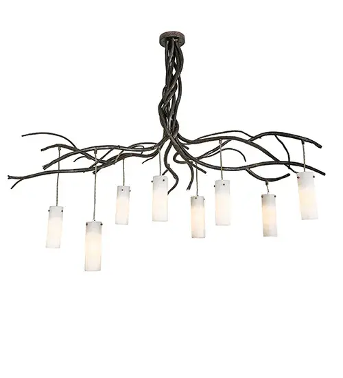 As if swaying in the frosty winter wind, this Winter Solstice fixture breathes life into a Pine branch-style metal design, accentuated with beautiful ambient lighting Eight Angelwing Idalight shades become luminescent as they are embraced by a metal frame featured in a Dark Burnished Antique Copper finish This massive oblong chandelier perfectly complements any residential or commercial environment, especially over kitchen islands, counters, tables, and bars. The Winter Solstice Cilindro 8 Light Oblong Chandelier is included in our American-made, American-designed, handcrafted Nature Inspired Collection and manufactured in Yorkville, New York UL and cUL listed for dry and damp locations Upstate New York's adventurous playland, known as the Adirondack Mountains, with its many breathtaking forests, lakes, and rivers, is the spiritual birthplace of Meyda and inspires our rustic-themed collections. Collection: Winter Solstice Finish: Dark Burnished Antique Copper Glass: Angelwing Idalight Width: 30.00" Height: 53.00" Length: 68.00" Weight: 44.00 lb Number of Bulbs: 8 Maximum Wattage: 25.00 W Bulb Type: T10 Bulb Base: E26 Material: Steel Country of Origin: USA Safety Rating: Damp - alternate view