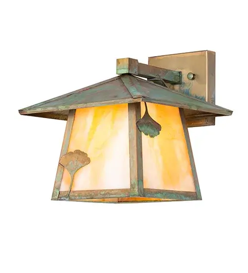 Handcrafted from Solid Brass; this handsome Craftsman-style Brass wall sconce is inspired by the Arts and Crafts movement. The minimalistic Ginkgo leaf design is featured on a Beige Art Glass lens; with a frame and hardware finished in Verdigris. The fixture is perfect for illuminating the interior and exterior of timber homes; modern farmhouses; and other spaces. The Stillwater Ginkgo Wall Sconce is included in our American-made; American-designed; handcrafted Craftsman Signature Series and manufactured in Yorkville; New York. UL and cUL listed for dry; damp; and wet locations. Our Build Your Own Craftsman Signature Series features unlimited combinations of styles. The collection is called Build Your Own because it is fully configurable and customizable from size and design to finish and lens color. Marine-grade; solid brass; or copper raw materials are utilized to ensure items from the Craftsman Signature Series of outdoor and indoor lighting will stand the test of time; as these premium metals are impervious to most types of oxidation. Hand-applied Patina finishes on brass and copper are sealed with a clear varnish and over time; may require gentle maintenance; such as wax; to delay or reverse the natural living finish attributes indicative of this finishing process. Patina finishes on brass and copper provide strong resistance to fading from sun exposure; will not chip or crack; and will not rust like a steel-framed item in the same conditions. Choose from many style options; or send us your concept today! Call today to learn how to use the configuration tool available on our website to generate an item number instantly. - alternate view