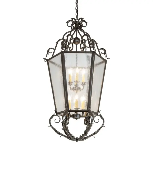 A sophisticated, architecturally styled fixture is designed with a unique, fresh, and stylish pizazz. Give your decor an extra edge with this breathtaking fixture, highlighted with a solid structure. Beautiful ambient illumination is delivered by 12 Ivory faux candlelights, which can be seen through a Clear Seeded Glass lens. The hardware, scrollwork, and Acanthus leaf accents are featured in a handsome Exterior Oil Rubbed Bronze finish. It is ideal for placement in foyers, ballrooms, and lobbies in residential, hospitality, and commercial spaces. The overall height ranges from 52 to 111 inches, as the chain can be easily adjusted on location depending on customer requirements. The Wolfgang Pendant is included in our American-made, American-designed, handcrafted Transitional Lighting Collection and manufactured in Yorkville, New York. UL and cUL listed for dry and damp locations. Collection: Wolfgang Finish: Exterior Oil Rubbed Bronze Glass: Clear Seeded Glass Width: 26.00" Height: 52.00" Length: 26.00" Weight: 50.00 lb Number of Bulbs: 12 Maximum Wattage: 60.00 W Bulb Type: BA9 Bulb Base: E12 Material: Steel Country of Origin: USA Safety Rating: Damp