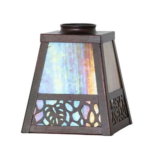 Delicately etched Lotus Leaves appear to fall gracefully in the air while adorning this lovely Beige Iridescent Glass shade. The frame and decorative accents are offered in a Mahogany Bronze finish. This charming shade is perfect for matching with hardware to create a wall sconce or ceiling fixture. The Split Mission Lotus Leaf Shade is featured in our American-made; American-designed handcrafted Craftsman Lighting Collection. It is manufactured in Yorkville; New York. It is UL and cUL listed for dry locations. - alternate view