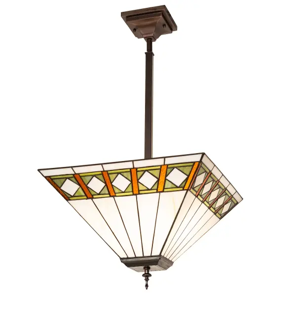 Clean lines and geometric shapes are the hallmarks of the Mission style. This sleek Bisque Beige stained glass shade features a simple, elegant Diamond pattern in Beige accented with Amber, Jade, and Peridot borders. This stunning shade is created with the famous Meyda Tiffany copperfoil construction technique and complemented with elegant cast metal hardware featured in a Mahogany Bronze finish. The ceiling fixture is ideal for illuminating dining areas and other residential, restaurant, and hotel spaces. The Diamond Band Mission Inverted Pendant is included in our American-designed, handcrafted Mission Lighting Collection. UL and cUL listed for dry and damp locations. Each shade is a unique work of art with color variations based on natural ingredients inherent in the glass. Collection: Diamond Band Mission Finish: Mahogany Bronze Glass: Beige/Green/Rootbeer Glass Width: 24.00" Height: 25.00" Length: 17.00" Weight: 7.50 lb Number of Bulbs: 3 Maximum Wattage: 60.00 W Bulb Type: A19 Bulb Base: E26 Material: Steel Country of Origin: CHINA Safety Rating: Damp