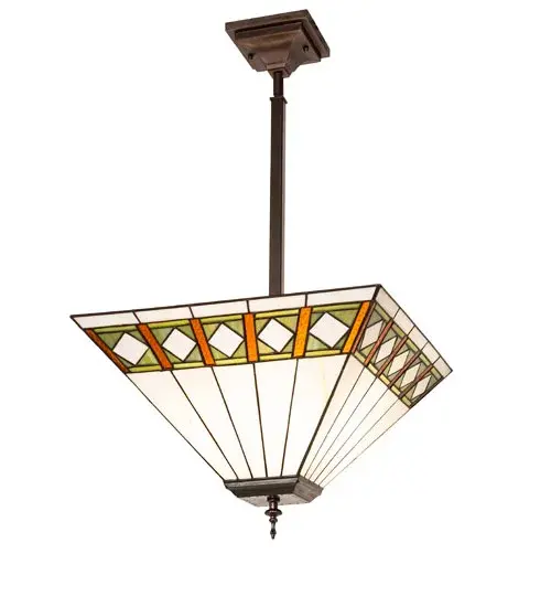 Clean lines and geometric shapes are the hallmarks of the Mission style. This sleek Bisque Beige stained glass shade features a simple, elegant Diamond pattern in Beige accented with Amber, Jade, and Peridot borders. This stunning shade is created with the famous Meyda Tiffany copperfoil construction technique and complemented with elegant cast metal hardware featured in a Mahogany Bronze finish. The ceiling fixture is ideal for illuminating dining areas and other residential, restaurant, and hotel spaces. The Diamond Band Mission Inverted Pendant is included in our American-designed, handcrafted Mission Lighting Collection. UL and cUL listed for dry and damp locations. Each shade is a unique work of art with color variations based on natural ingredients inherent in the glass. Collection: Diamond Band Mission Finish: Mahogany Bronze Glass: Beige/Green/Rootbeer Glass Width: 24.00" Height: 25.00" Length: 17.00" Weight: 7.50 lb Number of Bulbs: 3 Maximum Wattage: 60.00 W Bulb Type: A19 Bulb Base: E26 Material: Steel Country of Origin: CHINA Safety Rating: Damp - alternate view
