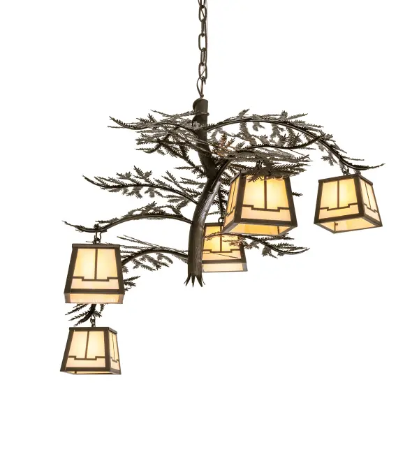 Invite the natural charm of the American woodlands into your camp, lodge, home, or business with this awe-inspiring chandelier. Five Beige Art Glass lanterns are offered in this stunning Arts & Crafts design and adorn Pine Branch-shaped metal arms with pine needle metal accents. This lovely, elaborate fixture features a warm Craftsman Brown finish. The spectacular Solid Brass fixture is ideal for making a dramatic design statement in an entryway, lobby, or ballroom. The overall height ranges from 35 to 70 inches as the chain can be easily adjusted on location. The Pine Branch Valley View 5 Light is included in our American-made, American-designed, handcrafted Nature Inspired Lighting Collection and manufactured in Yorkville, New York. UL and cUL listed for dry and damp locations. Upstate New York's adventurous playland, known as the Adirondack Mountains, with its many breathtaking forests, lakes, and rivers, is the spiritual birthplace of Meyda and inspires our rustic-themed art glass collections. Collection: Pine Branch Finish: Craftsman Brown Glass: Beige Art Glass Width: 36.00" Height: 35.00" Length: 5.75" Weight: 20.00 lb Number of Bulbs: 5 Maximum Wattage: 60.00 W Bulb Type: T4 Bulb Base: G9 Material: Brass Country of Origin: USA Safety Rating: Wet