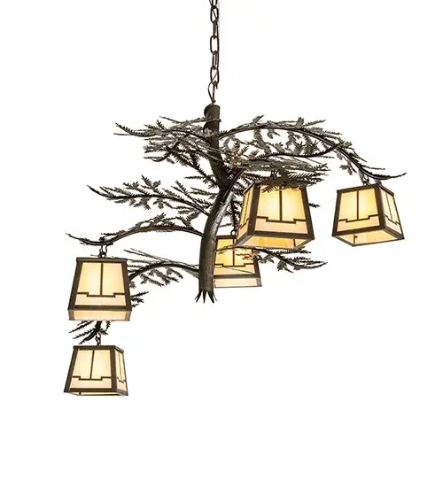 Invite the natural charm of the American woodlands into your camp, lodge, home, or business with this awe-inspiring chandelier. Five Beige Art Glass lanterns are offered in this stunning Arts & Crafts design and adorn Pine Branch-shaped metal arms with pine needle metal accents. This lovely, elaborate fixture features a warm Craftsman Brown finish. The spectacular Solid Brass fixture is ideal for making a dramatic design statement in an entryway, lobby, or ballroom. The overall height ranges from 35 to 70 inches as the chain can be easily adjusted on location. The Pine Branch Valley View 5 Light is included in our American-made, American-designed, handcrafted Nature Inspired Lighting Collection and manufactured in Yorkville, New York. UL and cUL listed for dry and damp locations. Upstate New York's adventurous playland, known as the Adirondack Mountains, with its many breathtaking forests, lakes, and rivers, is the spiritual birthplace of Meyda and inspires our rustic-themed art glass collections. Collection: Pine Branch Finish: Craftsman Brown Glass: Beige Art Glass Width: 36.00" Height: 35.00" Length: 5.75" Weight: 20.00 lb Number of Bulbs: 5 Maximum Wattage: 60.00 W Bulb Type: T4 Bulb Base: G9 Material: Brass Country of Origin: USA Safety Rating: Wet - alternate view