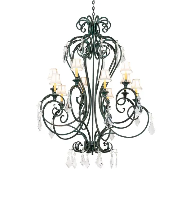 Offering luxurious charm and elegance; Josephine features a sophisticated chandelier design with hand-forged scrolled arms and finial and Acanthus leaf accents in a stunning Golden Verde finish. The exquisite chandelier features eight Cream Textrene Shades that embrace Ivory faux candlelights perched on decorative bobeches for beautiful ambient illumination and accented with Crystal Pendalogues. The chandelier beautifully illuminates dining areas and entryways in fine homes and restaurants. The overall height of this pendant ranges from 68 to 127 inches; as the chain length can be easily adjusted on location to accommodate your specific lighting application needs. The Josephine Chandelier is included in our American-made; American-designed; handcrafted Traditional Lighting Collection and manufactured in Yorkville; NY. The fixture is UL and cUL listed for dry and damp locations; but due to the fabric shades; we don't recommend installing it in a space that experiences a lot of moisture.