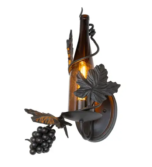 Capture the mood with authentic wine bottle lighting. This wall fixture does so much more than deliver light, it adds personality and pizazz to any interior. Hand-forged vine, sculpted metal grapes, and leaf coil are hand-finished in Oil Rubbed Bronze and designed around the neck of this stunning Amber Glass wine bottle, which illuminates beautifully. This wall fixture is perfect for homes, restaurants, hotels, pubs, nightclubs, wineries, and retailers. Connoisseurs will appreciate its fine detail and charm. This fixture is complemented with the matching Tuscan Vineyard Wine Bottle Right Wall Sconce, model 236550. This rich-looking Tuscan Vineyard Wine Bottle Right Wall Sconce is included in our American-made, American-designed, handcrafted Wine Bottle Lighting Collection. The fixture is manufactured in Yorkville, New York. UL and cUL listed for dry and damp locations. Take your finest bottle of wine, and Meyda will transform it into an everlasting personalized light fixture. Contact us for more information on custom wine bottle lighting fixtures and lamps. You can also create custom lighting with beer bottles, mason jars, milk bottles, and other glass containers and vessels by contacting us! Collection: Tuscan Vineyard Finish: Oil Rubbed Bronze Glass: Amber Wine Bottle Width: 11.00" Height: 17.00" Length: 9.00" Weight: 5.50 lb Number of Bulbs: 1 Maximum Wattage: 40.00 W Bulb Type: T6.5 Bulb Base: E17 Material: Steel Country of Origin: USA Safety Rating: Damp - alternate view
