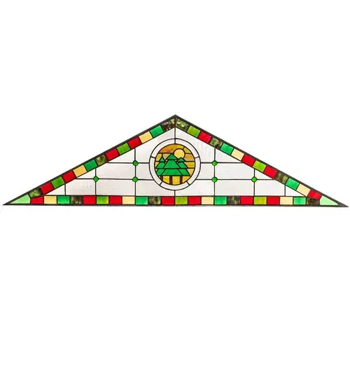 This beautiful stained glass window features a medallion with three Evergreen trees below an Amber Sun on a Clear Glass background accented with Red; Green; and Amber pieces of glass on the border. This pyramid-styled transom window adds beautiful natural light and architectural appeal to your home. The Woodland Transom Stained Glass Window is included in our American-made; American-designed; handcrafted Stained Glass Window Collection. It is Custom Made. Please call for lead time and pricing.