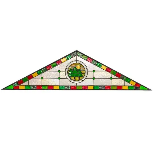 This beautiful stained glass window features a medallion with three Evergreen trees below an Amber Sun on a Clear Glass background accented with Red; Green; and Amber pieces of glass on the border. This pyramid-styled transom window adds beautiful natural light and architectural appeal to your home. The Woodland Transom Stained Glass Window is included in our American-made; American-designed; handcrafted Stained Glass Window Collection. It is Custom Made. Please call for lead time and pricing. - alternate view