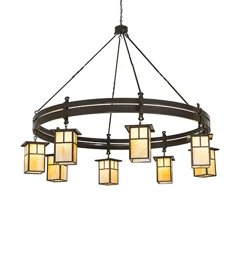 Integrating an elegant style with a classic; distinguished look. This chandelier is custom-crafted; featuring eight Beige Art Glass shades with Beartooth-like metal accents. The fixture is enhanced with a rugged curved frame crafted in a Timeless Bronze finish. Install this chandelier to illuminate dining areas and entryways in residential; commercial; and hospitality locations. The overall height ranges from 73 to 151 inches; as the chain length can be easily adjusted on location to meet your lighting requirements. The Beartooth T Mission Chandelier is featured in our American-made; American-designed; handcrafted Rustic Lighting Collection and is manufactured in Yorkville; New York. UL and cUL listed for dry and damp locations. This fixture was sold to Furniture Showcase in Oelwein; Iowa; and featured in Jamison-Schmitz Funeral Home and Crematory; which is also located in Oelwein. - alternate view
