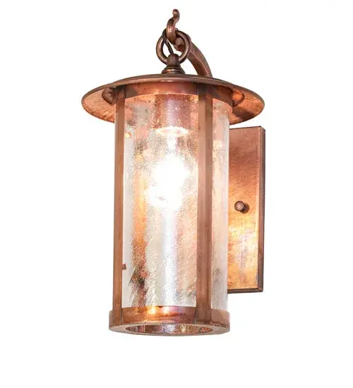 Handcrafted from Solid Copper with alluring rustic beauty. This stunning Craftsman Signature lantern features a Clear Seeded Glass lens enhanced with a Vintage Copper finish. Display this wall sconce to illuminate the exterior of timber homes, modern farmhouses, and other spaces. The Fulton Prime Wall Sconce is included in our American-made, American-designed, handcrafted Craftsman Signature Series, manufactured in Yorkville, New York. UL and cUL listed for dry, damp, and wet locations. Our Build You Own Craftsman Signature Series features unlimited combinations of styles. The collection is called Build Your Own because it is fully configurable and customizable from size and design to finish and lens color. Marine grade, solid brass, or copper raw materials are utilized to ensure items from the Craftsman Signature Series of outdoor and indoor lighting will stand the test of time, as these premium metals are impervious to most types of oxidation. Hand-applied Patina finishes on brass and copper are sealed with a clear varnish and over time, may require gentle maintenance, such as wax, to delay or reverse the natural living finish attributes indicative of this finishing process. Patina finishes on brass and copper provide strong resistance to fading from sun exposure, will not chip or crack, and will not rust like a steel-framed item in the same conditions. Choose from many style options, or send us your concept today! Call today to learn how to use the configuration tool available on our website for an instant item number! Collection: Fulton Finish: Vintage Copper Glass: Clear Seeded Glass Width: 8.00" Height: 15.00" Length: 11.00" Weight: 4.50 lb Number of Bulbs: 1 Maximum Wattage: 60.00 W Bulb Type: A19 Bulb Base: E26 Material: Copper Country of Origin: USA Safety Rating: Wet - alternate view