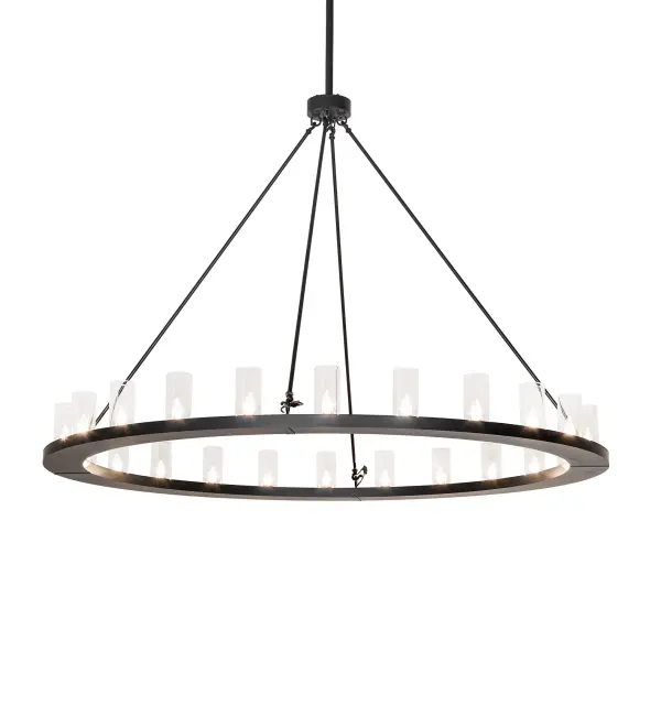 Blending an elegant style with a classic, distinguished look... The Loxley chandelier is custom-crafted with 24 Clear Glass Cylindre elements and enhanced with a Solar Black finish. This luxurious custom fixture is ideal for illuminating dining tables, entryways, and other residential, hospitality, and commercial spaces. The Loxley Chandelier is included in our American-made, American-designed, handcrafted Transitional Lighting Collection. This fixture is manufactured in Yorkville, New York. UL and cUL listed for dry and damp locations. Collection: Loxley Finish: Solar Black Glass: Clear Glass Width: 72.00" Height: 86.00" Length: 72.00" Weight: 115.00 lb Number of Bulbs: 24 Maximum Wattage: 40.00 W Bulb Type: B11 Bulb Base: E26 Material: Steel Country of Origin: USA Safety Rating: Damp