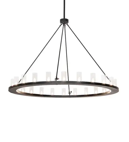 Blending an elegant style with a classic, distinguished look... The Loxley chandelier is custom-crafted with 24 Clear Glass Cylindre elements and enhanced with a Solar Black finish. This luxurious custom fixture is ideal for illuminating dining tables, entryways, and other residential, hospitality, and commercial spaces. The Loxley Chandelier is included in our American-made, American-designed, handcrafted Transitional Lighting Collection. This fixture is manufactured in Yorkville, New York. UL and cUL listed for dry and damp locations. Collection: Loxley Finish: Solar Black Glass: Clear Glass Width: 72.00" Height: 86.00" Length: 72.00" Weight: 115.00 lb Number of Bulbs: 24 Maximum Wattage: 40.00 W Bulb Type: B11 Bulb Base: E26 Material: Steel Country of Origin: USA Safety Rating: Damp - alternate view
