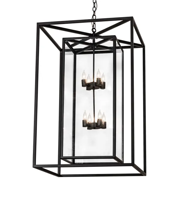 A sophisticated, architecturally styled fixture is designed with a unique, fresh, and stylish pizazz. Give your decor an extra edge with this breathtaking fixture, highlighted with a solid double-framed structure. Beautiful ambient illumination is delivered by eight complementary faux candlelights, which can be seen through a Clear Glass lens. The hardware and frame are featured in a handsome Solar Black finish. The pendant is ideal for placement in foyers, ballrooms, and lobbies in residential, hospitality, and commercial spaces. The overall height ranges from 47 to 150 inches, as the chain can be easily adjusted on location, depending on customer requirements. The Kitzi Box Pendant is included in our American-made, American-designed, handcrafted Transitional Lighting Collection and manufactured in Yorkville, New York. UL and cUL listed for dry and damp locations. Collection: Kitzi Box Finish: Solar Black Glass: Clear Glass Width: 39.00" Height: 47.00" Length: 28.00" Weight: 68.00 lb Number of Bulbs: 8 Maximum Wattage: 60.00 W Bulb Type: B11 Bulb Base: E26 Material: Steel Country of Origin: USA Safety Rating: Damp