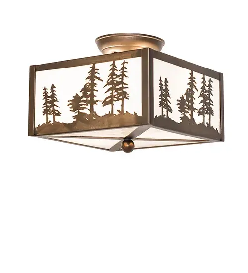 This eye-catching ceiling fixture features mesmerizing Tall Pine Trees and woodland metal silhouettes on a White Art Glass lens. Beautiful ambient light is projected through the square-shaped shade, which is complemented with a stunning Antique Copper finish. It is ideal as a charming ceiling fixture in a corridor or other space in a timber frame home, camp, or lodge. The Tall Pines Flushmount is included in our American-made, American-designed, handcrafted Nature Inspired Lighting Collection and is manufactured in Yorkville, New York. UL and cUL listed for dry and damp locations. Upstate New York's adventurous playland, known as the Adirondack Mountains, with its many breathtaking forests, lakes, and rivers, is the spiritual birthplace of Meyda and inspires our rustic-themed art glass collections. Collection: Tall Pines Finish: Antique Copper Glass: White Art Glass Width: 14.00" Height: 8.50" Length: 10.00" Weight: 6.50 lb Number of Bulbs: 2 Maximum Wattage: 60.00 W Bulb Type: A19 Bulb Base: E26 Material: Steel Country of Origin: USA Safety Rating: Damp - alternate view
