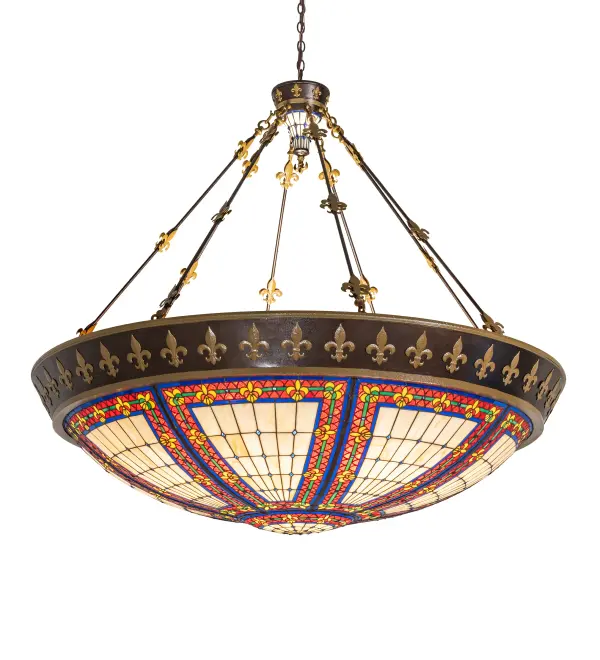 A Meyda Tiffany original. This Fleur-de-lis ceiling pendant is reminiscent of castle and cathedral stained glass fixtures of yore. The Fleur-de-lis holds a prominent place in French Heraldry. The stunning shade features an intricate design of Golden stylized tri-petaled Irises and Amber jewels against multicolored bands, surrounding a mottled Beige and Honey field. The stained glass shade is handcrafted using the famous Meyda Tiffany copperfoil construction technique, complemented with a matching stained glass hub above, and enhanced with Copper Vein and Nu Gold finishes. The pendant has an overall height ranging from 62 to 181 inches, as the chain can be easily adjusted on location to meet your exact specifications. The Fleur-de-lis Inverted Pendant is featured in our American-designed, handcrafted Fleur-de-lis Collection. UL and cUL listed for dry and damp locations. Collection: Fleur-De-Lis Finish: Copper Vein & Nu Gold Glass: Stained Glass/Ambra Siena Width: 62.00" Height: 62.00" Length: 62.00" Weight: 133.00 lb Number of Bulbs: 16 Maximum Wattage: 8.80 W Bulb Type: A19 Bulb Base: E26 Light Source: LED Material: Steel Country of Origin: CHINA Safety Rating: Damp LED