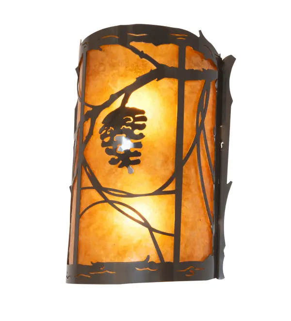 Invite the beauty of nature into your home with a charming wall fixture featuring metal accents designed as a Pinecone, Pine needles, and branches. Experience the warm beauty of an Amber Mica lens, which is enhanced with an Exterior Oil Rubbed Bronze finish, for both interior and exterior lighting applications. The Whispering Pines Wall Sconce is featured in our American-made, American-designed, handcrafted Nature Inspired Collection. It is manufactured in Yorkville, New York. It is UL and cUL listed for dry and damp locations. Upstate New York's adventurous playland, known as the Adirondack Mountains, with its many breathtaking forests, lakes, and rivers, is the spiritual birthplace of Meyda and inspires our rustic-themed mica collections. Collection: Whispering Pines Finish: Exterior Oil Rubbed Bronze Glass: Amber Mica// Width: 10.00" Height: 15.00" Length: 5.00" Weight: 3.50 lb Number of Bulbs: 2 Maximum Wattage: 60.00 W Bulb Type: A19 Bulb Base: E26 Material: Steel Country of Origin: USA Safety Rating: Damp