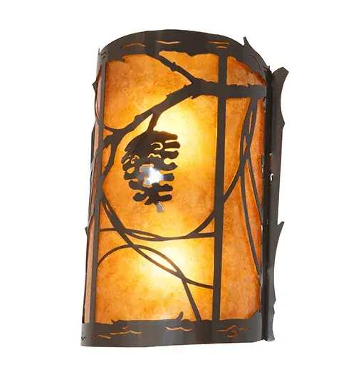 Invite the beauty of nature into your home with a charming wall fixture featuring metal accents designed as a Pinecone, Pine needles, and branches. Experience the warm beauty of an Amber Mica lens, which is enhanced with an Exterior Oil Rubbed Bronze finish, for both interior and exterior lighting applications. The Whispering Pines Wall Sconce is featured in our American-made, American-designed, handcrafted Nature Inspired Collection. It is manufactured in Yorkville, New York. It is UL and cUL listed for dry and damp locations. Upstate New York's adventurous playland, known as the Adirondack Mountains, with its many breathtaking forests, lakes, and rivers, is the spiritual birthplace of Meyda and inspires our rustic-themed mica collections. Collection: Whispering Pines Finish: Exterior Oil Rubbed Bronze Glass: Amber Mica// Width: 10.00" Height: 15.00" Length: 5.00" Weight: 3.50 lb Number of Bulbs: 2 Maximum Wattage: 60.00 W Bulb Type: A19 Bulb Base: E26 Material: Steel Country of Origin: USA Safety Rating: Damp - alternate view