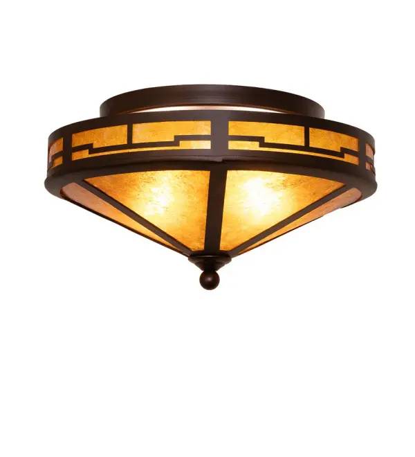 This Bungalow-style ceiling fixture projects soft ambient light through stunning Amber Mica, which highlights a unique abstract Valley View design. The diffuser is complemented with a frame and hardware featured in a Mahogany Bronze finish. The fixture can be used as a decorative luminaire for a hallway or other rooms, especially with low ceilings, in residential and commercial settings. The Bungalow Valley View Flush Mount is included in our American-made, American-designed, handcrafted Craftsman Lighting Collection and manufactured in Yorkville, New York. The fixture is UL and cUL listed for dry and damp locations. Collection: Bungalow Finish: Mahogany Bronze Glass: Amber Mica Width: 16.00" Height: 9.00" Length: 16.00" Weight: 6.50 lb Number of Bulbs: 2 Maximum Wattage: 60.00 W Bulb Type: A19 Bulb Base: E26 Material: Steel Country of Origin: USA Safety Rating: Damp