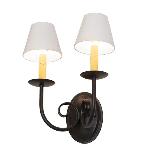 Designed as a stunning illuminating accent for any room or corridor... This sophisticated wall sconce features two White Parchment shades perched on Ivory faux candlelights and bobeche with elegant curved arms and round wallplates in a Blackwash finish. The wall fixture can be placed on walls in dining rooms and hallways in fine homes, restaurants, and resorts. The Squire 2 Light Wall Sconce is included in our American-made, American-designed, handcrafted Traditional Collection and is manufactured in Yorkville, New York. It is UL and cUL listed for dry and damp locations, however, we do not recommend installing it in spaces that experience a large amount of moisture due to the fabric shades. Collection: Squire Finish: Blackwash Glass: White Parchment Width: 13.00" Height: 15.00" Length: 7.50" Weight: 2.00 lb Number of Bulbs: 2 Maximum Wattage: 40.00 W Bulb Type: B10 Bulb Base: E12 Material: Steel Country of Origin: USA Safety Rating: Damp - alternate view