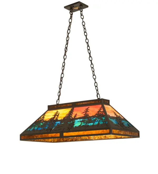 Every Meyda Tiffany item is a unique handcrafted work of art. Natural variations in the wide array of materials that we use to create each Meyda product make every item a masterpiece of its own. Photographs are a general representation of the product. Colors and designs will vary. Collection: Tall Pines Finish: Timeless Bronze Glass: Orange & Blue-Green Art Glass/Amber Mica Width: 17.00" Height: 18.00" Length: 36.00" Weight: 35.00 lb Number of Bulbs: 6 Maximum Wattage: 60.00 W Bulb Type: A19 Bulb Base: E26 Material: Steel Country of Origin: USA Safety Rating: Damp