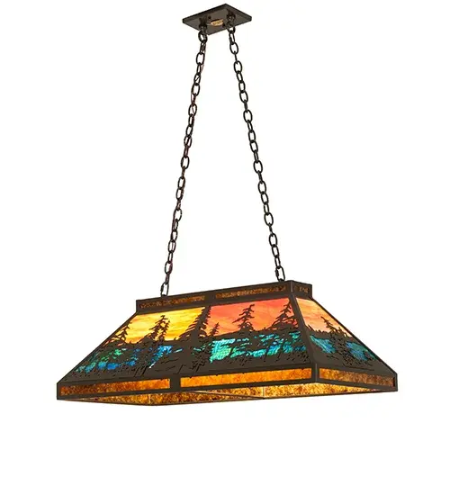 Every Meyda Tiffany item is a unique handcrafted work of art. Natural variations in the wide array of materials that we use to create each Meyda product make every item a masterpiece of its own. Photographs are a general representation of the product. Colors and designs will vary. Collection: Tall Pines Finish: Timeless Bronze Glass: Orange & Blue-Green Art Glass/Amber Mica Width: 17.00" Height: 18.00" Length: 36.00" Weight: 35.00 lb Number of Bulbs: 6 Maximum Wattage: 60.00 W Bulb Type: A19 Bulb Base: E26 Material: Steel Country of Origin: USA Safety Rating: Damp - alternate view