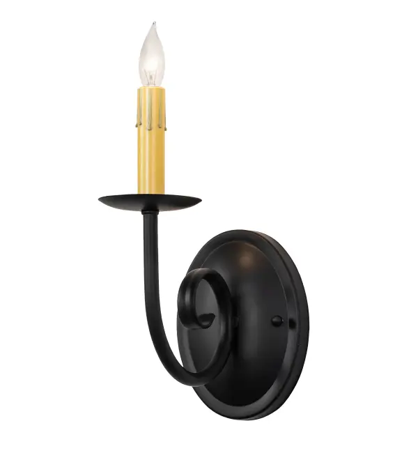 Designed as a traditional illuminating accent for any room or corridor. This minimalistic wall sconce features an Ivory faux candlelight and bobeche with an elegant curved arm and round wallplate in a Blackwash finish. The wall fixture can be placed on walls in dining rooms and hallways in fine homes, restaurants, and resorts. See the complementary wall sconce with a White Textrene shade, model 280749. The Squire Wall Sconce is included in our American-made, American-designed, handcrafted Traditional Collection and manufactured in Yorkville, New York. UL and cUL listed for dry and damp locations. Collection: Squire Finish: Blackwash Width: 5.00" Height: 11.00" Length: 8.75" Weight: 1.50 lb Number of Bulbs: 1 Maximum Wattage: 40.00 W Bulb Type: B10 Bulb Base: E12 Material: Steel Country of Origin: USA Safety Rating: Damp