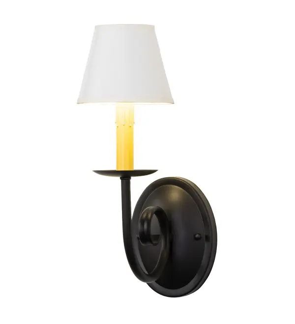 Designed as a stunning illuminating accent for any room or corridor... This sophisticated wall sconce features a White Textrene shade perched on an Ivory faux candlelight and bobeche with an elegant curved arm and round wallplate in a Blackwash finish. The wall fixture can be placed on walls in dining rooms and hallways in fine homes, restaurants, and resorts. The Squire Wall Sconce is included in our American-made, American-designed, handcrafted Traditional Collection and manufactured in Yorkville, New York. UL and cUL listed for dry and damp locations, however, we do not recommend installing it in spaces that experience a large amount of moisture due to the fabric shade. Collection: Squire Finish: Blackwash White Parchment Width: 5.00" Height: 14.50" Length: 9.50" Weight: 2.00 lb Number of Bulbs: 1 Maximum Wattage: 40.00 W Bulb Type: B10 Bulb Base: E12 Material: Steel Country of Origin: USA Safety Rating: Damp