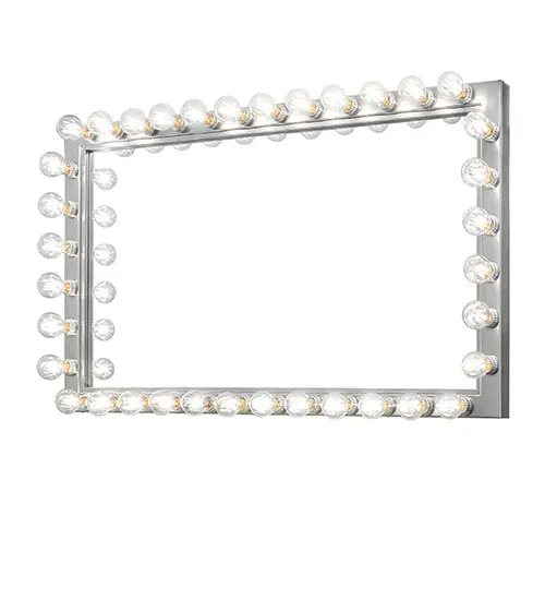 This stunning fixture features 36 Edison-style lamps that adorn the border of this rectangular-shaped vanity mirror. This Hollywood-style fixture is offered in an Extreme Chrome finish and is ideal for illuminating fine baths in residential and hospitality locations. The Alva Greenroom 36 Light Illuminated Vanity Mirror is included in our American-made; American-designed; handcrafted Art Deco Collection and manufactured in Yorkville; New York. The lighted mirror is UL and cUL listed for dry and damp locations. - alternate view