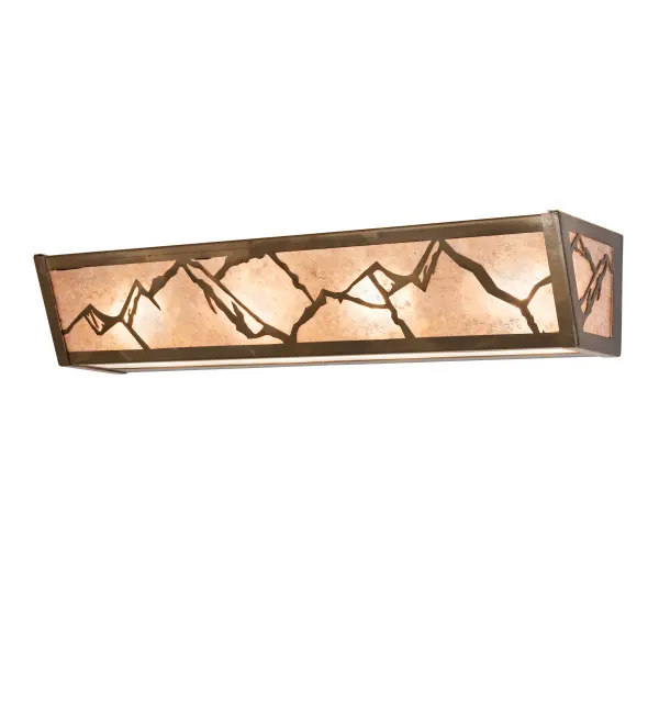 A stunning nature-inspired design of an impressive mountainside; while the morning sun rises in the background. Soft ambient light diffuses beautifully through a Silver Mica lens that is enhanced with a Contrail Mist Idalight bottom diffuser. The fixture is complemented with Antique Copper finished accents and frame. This wall fixture is designed as a vanity light to illuminate fine baths or as a linear wall sconce to light hallways and other rooms. The Mountains Vanity Light is featured in our American-made; American-designed; handcrafted Nature Inspired Collection and is manufactured in Yorkville; New York. UL and cUL listed for dry and damp locations. Upstate New York's adventurous playland; known as the Adirondack Mountains; with its many breathtaking forests; lakes; and rivers; is the spiritual birthplace of Meyda and inspires our rustic-themed mica collections.
