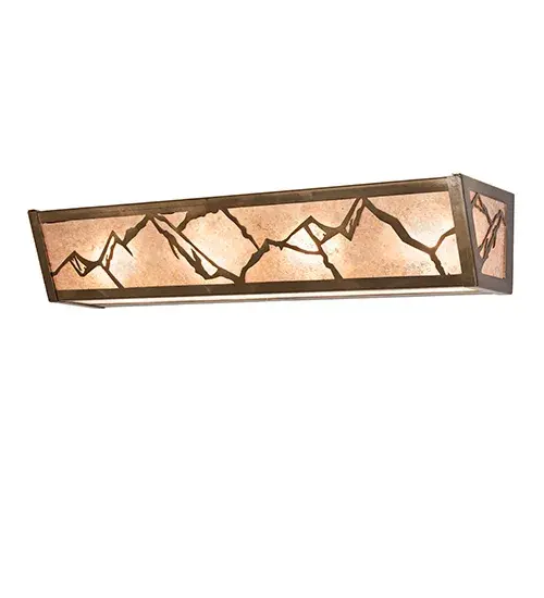 A stunning nature-inspired design of an impressive mountainside; while the morning sun rises in the background. Soft ambient light diffuses beautifully through a Silver Mica lens that is enhanced with a Contrail Mist Idalight bottom diffuser. The fixture is complemented with Antique Copper finished accents and frame. This wall fixture is designed as a vanity light to illuminate fine baths or as a linear wall sconce to light hallways and other rooms. The Mountains Vanity Light is featured in our American-made; American-designed; handcrafted Nature Inspired Collection and is manufactured in Yorkville; New York. UL and cUL listed for dry and damp locations. Upstate New York's adventurous playland; known as the Adirondack Mountains; with its many breathtaking forests; lakes; and rivers; is the spiritual birthplace of Meyda and inspires our rustic-themed mica collections. - alternate view