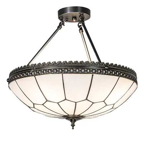 Embrace the timeless look of this classic lighting design. A White Bent art glass shade features a Honeycomb pattern enhanced with Brass filigree accents finished in Antique Brass, highlighted to reveal an eye-catching dimensional look. This ceiling fixture is ideal for hallways and entryways in fine homes, restaurants, and hotels. The Vincent Honeycomb Semi-Flushmount is featured in our American-made, American-designed, handcrafted Quality Bent Glass Collection, which is manufactured in Yorkville, New York. The ceiling fixture is UL & cUL listed for dry and damp locations. The Quality Bent Glass division of Meyda Tiffany has been in the making for over 100 years. The company revolutionized the manufacturing process for high-temperature glass forming by custom building production capacity glass forming ovens and kilns. Today, we are still creating timeless masterpieces using tools and methods from when we supplied Tiffany Studios. Collection: Vincent Finish: Weathered Antique Brass Glass: White Art Glass Width: 20.00" Height: 20.00" Length: 20.00" Weight: 10.00 lb Number of Bulbs: 4 Maximum Wattage: 60.00 W Bulb Type: A19 Bulb Base: E26 Material: Brass Country of Origin: USA Safety Rating: Damp - alternate view
