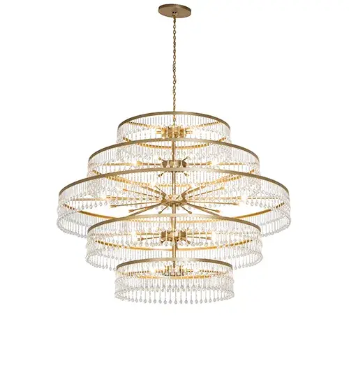 An exquisite; massive lighting design is paired with rich; luxurious Crystal to make a distinctive style statement in the finest residential; hospitality; and commercial interiors- ideal for large entryways and ballrooms. The circular frame embraces an array of hundreds of stunning Crystals that simulate the fluid movement of water droplets. The handsome hardware and components; laser-cut with surgical precision; are finished in a beautiful Gold Metallic. The Corsica Chandelier is featured in our American-made; American-designed; handcrafted Crystal Lighting Collection; and it is manufactured in Yorkville; New York. The fixture is UL and cUL listed for dry and damp locations. - alternate view