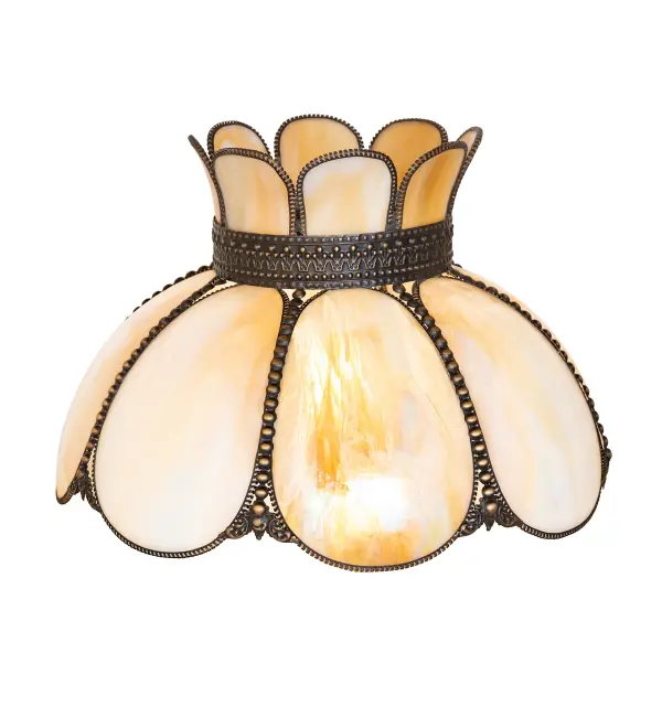 Embrace the timeless look of this classic art glass lighting design. Annabelle features a Hand-Bent Beige Slag Glass Shade with Brass filigree featured in a Highlighted Craftsman Brown finish to reveal an eye-catching dimensional look. The shade is perfect for a centerpiece pendant or ceiling fixture in a dining room or entryway; suitable for both residential and commercial locations. The Anabelle Shade is part of our American-made; American-designed; handcrafted Quality Bent Glass Lighting Collection and is manufactured in Yorkville; NY. Our Quality Bent Glass division is over 100 years in the making and still creating timeless masterpieces using original tools and techniques from the days when we supplied Louis Comfort Tiffany Studios. Quality Bent Glass originally revolutionized the manufacturing process for high-temperature glass formation by custom-building production capacity; glass-forming ovens; and kilns. We are one of the only remaining manufacturers of bent glass lighting and take pride in this rich heritage and expertise.