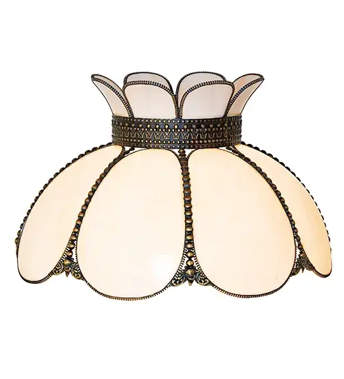 Embrace the timeless look of this classic art glass lighting design. Annabelle features a Hand-Bent White Art Glass Shade with Brass filigree in a Hi-Lited Craftsman Brown finish to reveal an eye-catching dimensional look. The shade is perfect for matching the hardware when building a ceiling pendant. The Anabelle Pendant is featured in our American-made, American-designed, handcrafted Quality Bent Glass Lighting Collection and is manufactured in Yorkville, NY. Our Quality Bent Glass division has been over 100 years in the making and continues to create timeless masterpieces using original tools and techniques from the days when we supplied Louis Comfort Tiffany Studios. Quality Bent Glass originally revolutionized the manufacturing process for high-temperature glass formation by custom-building production capacity, glass-forming ovens, and kilns. We are one of the only remaining manufacturers of bent glass lighting and take pride in this rich heritage and expertise. Collection: Annabelle Finish: Hi-Lited Craftsman Brown Glass: White Art Glass Width: 18.00" Height: 10.50" Length: 18.00" Weight: 5.50 lb Country of Origin: CHINA Safety Rating: Damp - alternate view