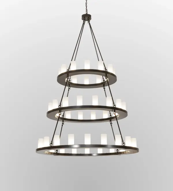 Blending an elegant style with a classic, distinguished look... The Loxley chandelier is custom-crafted with 48 Clear Glass and Crystal Idalight Cylindres. These illuminating elements are perched on three sturdy rings, created from stainless steel for durability in harsh environments and finished in Timeless Bronze. This massive, luxurious custom fixture is ideal for illuminating ballrooms, dining tables, lobbies, entryways, and other residential, hospitality, and commercial spaces. The overall height ranges from 89 to 304 inches, as the chain length can be easily adjusted on location to accommodate your specific lighting application needs. The Loxley 48 Light Three Tier Chandelier is included in our American-made, American-designed, handcrafted Transitional Lighting Collection. This fixture is manufactured in Yorkville, New York, and is UL and cUL listed for use in dry, damp, and wet locations. Collection: Loxley Finish: Timeless Bronze Glass: Clear Frosted / Crystal Idalight Width: 60.00" Height: 89.00" Length: 60.00" Weight: 195.00 lb Number of Bulbs: 48 Maximum Wattage: 5.00 W Bulb Type: B11 Bulb Base: E26 Light Source: LED Material: Stainless Steel Country of Origin: USA Safety Rating: Wet LED