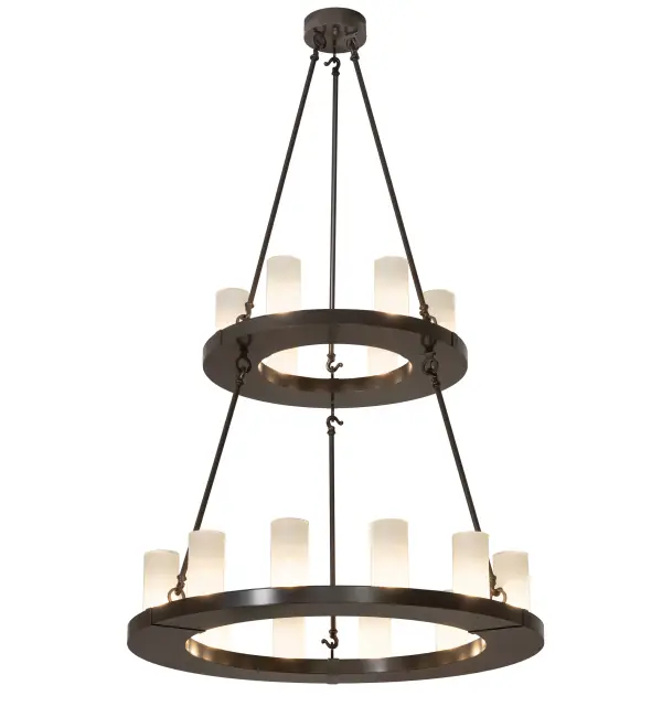 Blending an elegant style with a classic, distinguished look... The Loxley chandelier is custom-crafted with 18 Frosted Clear Glass Cylindres. These illuminating elements are perched on two sturdy Stainless Steel rings, which are enhanced with a Timeless Bronze finish. This massive, luxurious custom fixture is ideal for illuminating ballrooms, dining areas, lobbies, entryways, and other residential, hospitality, and commercial spaces. The Loxley 18 Light Two Tier Chandelier is included in our American-made, American-designed, handcrafted Loxley Lighting Collection. This fixture is manufactured in Yorkville, New York, and is UL and cUL listed for dry, damp and wet locations. The Loxley Collection features various chandeliers, pendants, and wall sconces designed with sturdy rings accented with faux candlelights or cylindrical elements. Many of these fixtures make great statement pieces for large spaces and can be customized with your choice of size, finish, and lamping. Collection: Loxley Finish: Timeless Bronze Glass: Frosted Clear Glass Width: 36.00" Height: 60.00" Length: 36.00" Weight: 75.00 lb Number of Bulbs: 18 Maximum Wattage: 5.00 W Bulb Type: B11 Bulb Base: E26 Light Source: LED Material: Stainless Steel Country of Origin: USA Safety Rating: Wet LED