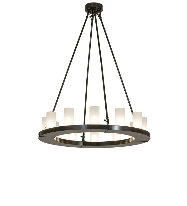 Blending an elegant style with a classic, distinguished look... The handsome Loxley Chandelier features 12 Clear Frosted Glass and Crystal Idalight Cylindre elements, perched on a sturdy ring, created from Stainless Steel for durability in harsh environments and finished in Timeless Bronze. This luxurious chandelier is ideal for illuminating great rooms, entryways, and other residential, hospitality, and commercial spaces. The Loxley 12 Light Chandelier is included in our American-made, American-designed, handcrafted Transitional Lighting Collection. This fixture is manufactured in Yorkville, New York, and is UL and cUL listed for dry, damp, and wet locations. Collection: Loxley Finish: Timeless Bronze Glass: Clear Frosted Glass/Seedy Acr Top Width: 36.00" Height: 46.00" Length: 36.00" Weight: 49.00 lb Number of Bulbs: 12 Maximum Wattage: 5.00 W Bulb Type: B11 Bulb Base: E26 Light Source: LED Material: Stainless Steel Country of Origin: CHINA Safety Rating: Wet LED