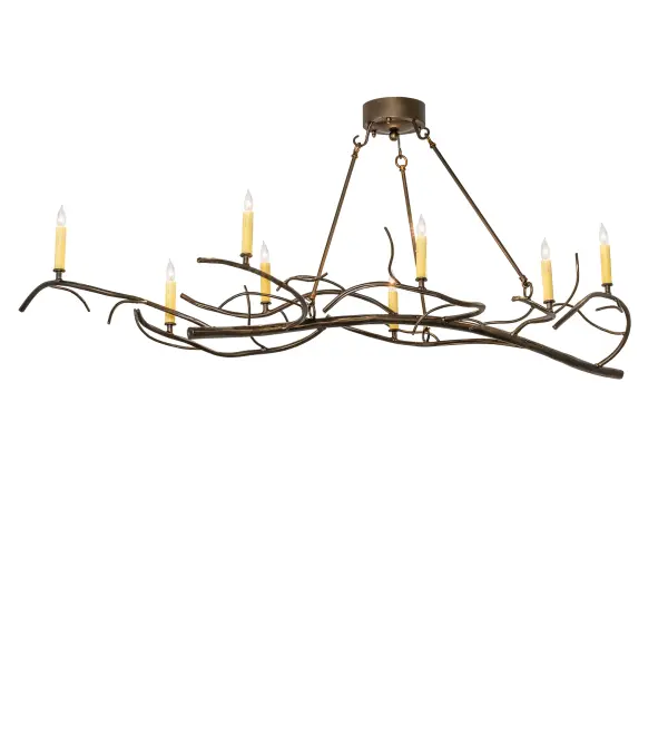 This Winter Solstice fixture brings life to a pine branch-style metal design; accentuated with beautiful ambient lighting; that appears to sway in the frosty winter wind. Eight Ivory faux candlelights; perched on small bobeches; become luminescent as they are embraced by a metal frame featuring an Antique Copper finish. This oblong chandelier perfectly complements residential and commercial environments; especially over islands; counters; tables; and bars. The Winter Solstice Oblong Chandelier is part of our American-made; American-designed; handcrafted Nature Inspired Collection; which is manufactured in Yorkville; New York. The fixture is UL and cUL listed for dry and damp locations. Upstate New York's adventurous playland; known as the Adirondack Mountains; with its many breathtaking forests; lakes; and rivers; is the spiritual birthplace of Meyda and inspires our rustic-themed collections.